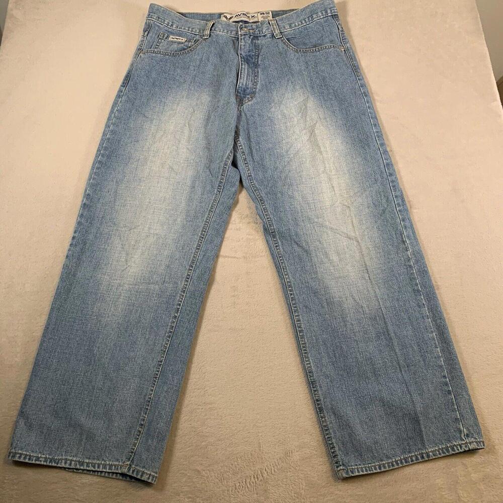 VTG Avirex Jeans Mens 38x32 Blue Denim Medium Wash Baggy Stitched Skate Goth Y2K